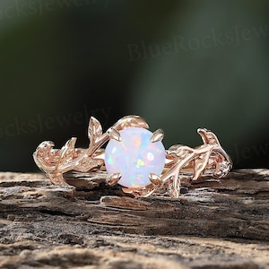 Einzigartiger Opal Verlobungsring, Rose Gold Blatt Design Opal Ehering, Vintage Versprechen Ring, Natur inspiriert Statement Ring, Jubiläumsgeschenk