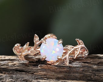 Unique Opal Engagement Ring,Rose Gold Leaf Design Opal Wedding Ring,Vintage Promise Ring,Nature Inspired Statement Ring,Anniversary Gift