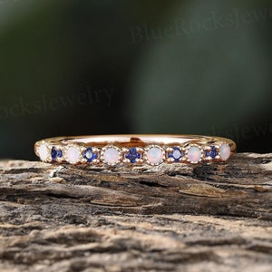 Unique Opal&Sapphire Wedding Band,Rose Gold Opal Ring,Vintage Sapphire Stackable Ring For Women,Birthstone Ring,Anniversary Promise Ring