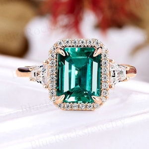Unique Emerald Engagement Ring,Emerald Cut Rose Gold Ring,Tapered Baguette Cut Cz Ring,Halo Ring For Women,Art Deco Promise Bridal Ring