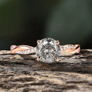 Vintage Salt And Pepper Diamond Engagement Ring, Rose Gold Ring, Unique Twist Moissanite Bridal Ring, Promise Ring,Handmade Ring For Women