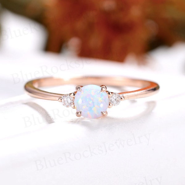 Delicate Opal Engagement Ring art deco Rose Gold ring Vintage Round cut three stone ring diamond Moissanite wedding ring anniversary ring