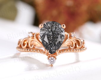 Black Rutilated Quartz Engagement Ring, art deco wedding ring, pear shaped ring, rose gold , bridal Prong set diamond ring, anniversary ring