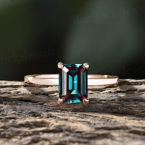 Classic Emerald Cut Alexandrite Engagement Ring Sterling Silver Solitaire Bridal Rose Gold Plated Ring Bridal Ring Anniversary Ring