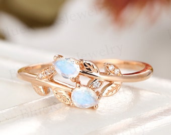 Vintage Moonstone Engagement Ring, art deco ring,Rose Gold Ring,Delicate Diamond ring, unique leaf bridal ring,wedding ring,anniversary ring