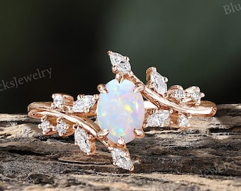 Nature-Inspired Opal Engagement Ring,Unique Oval Cut Opal Wedding Ring,Marquise Moissanite Branch Leaf Design Ring,Rose Gold Bridal Jewelry