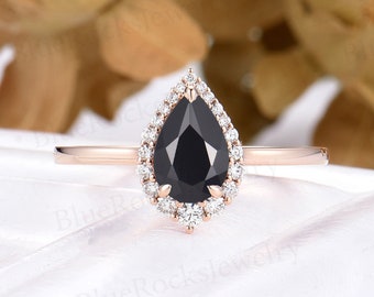 Vintage Black Onyx Engagement Ring, art deco wedding ring, unique pear shaped ring, rose gold ring, diamond bridal ring, anniversary ring