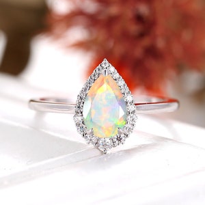 Vintage Opal Engagement Ring, art deco wedding ring, unique pear shaped ring, white gold ring, diamond bridal ring, anniversary ring