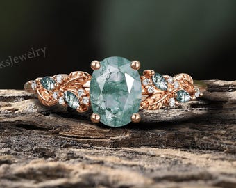 Anello di fidanzamento ovale in agata muschiata ispirato alla natura, anello da sposa a foglia con moissanite in oro rosa.