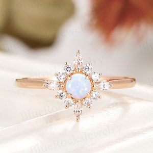 Vintage Round cut Lab Opal Engagement Ring,art deco ring,Rose Gold Ring,Diamond ring,Moissanite ring,bridal wedding ring,anniversary ring