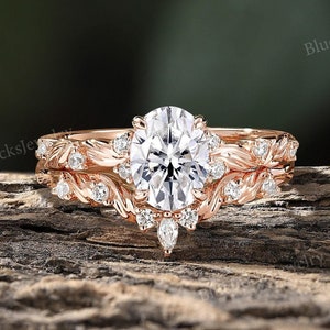 Leaf Engagement Ring Set Nature Inspired,Round Moissanite Bridal Set,Vintage Rose Gold Wedding Ring Set For Women Promise Anniversary Ring