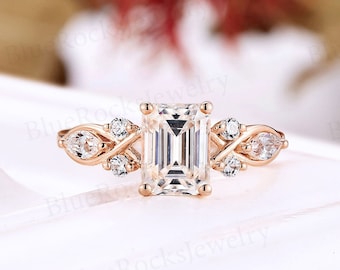 Vintage emerald cut moissanite engagement ring rose gold twist ring marquise cut ring round cut ring unique anniversary promise bridal ring