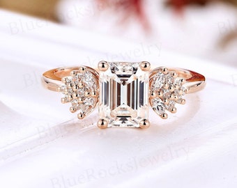 Vintage emerald cut moissanite engagement ring rose gold marquise cut cluster ring prong antique delicate ring promise anniversary ring