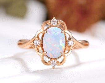 Vintage Opal Engagement Ring, art deco Diamond Moissanite ring, Rose Gold unique Ring, Oval cut ring,bridal wedding ring,anniversary ring