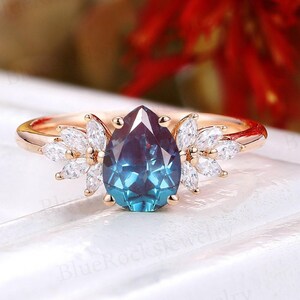 Alexandrite engagement ring Rose gold pear cut ring Marquise cut moissanite diamond ring vintage Cluster ring Anniversary promise ring