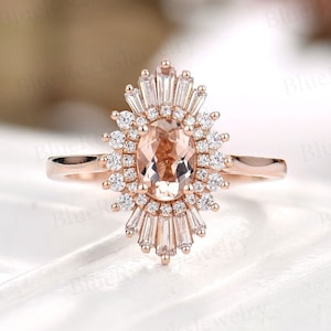 Vintage Pink Morganite Engagement Ring,Rose Gold Ring,Art Deco Oval Cut Ring,Baguette CZ Halo Ring,Unique Bridal Ring,Anniversary Ring