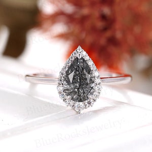 Black Rutilated Quartz engagement ring vintage white gold ring Pear shaped ring Diamond moissanite ring Simple rings antique engagement ring