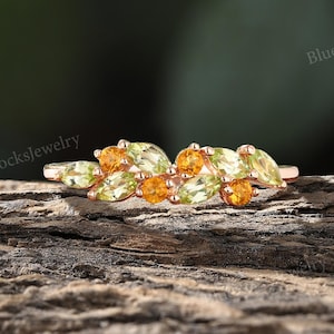 Unique Marquise Peridot Cluster Wedding Band,Round Citrine Wedding Band,Rose Gold Stackable Bridal Ring,Anniversary Promise Ring For Women