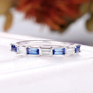 Vintage Baguette Sapphire Wedding Band,Delicate Moissanite Ring,Half Eternity Stacking Matching Silver Ring, Anniversary Ring For Women