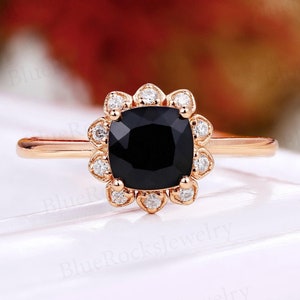Vintage Black Onyx Engagement Ring,Floral Halo Rose Gold Bridal Jewelry,Art Deco Cushion Cut Wedding Band,Antique Promise Ring For Women