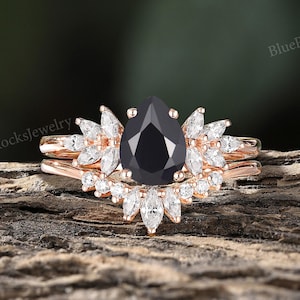 Vintage Black Onyx Engagement Ring Set,Unique Rose Gold Bridal Ring Set,Marquise Moissanite Diamond Ring,Curved Wedding Band,Promise Rings