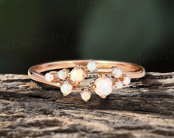 Cluster Vintage Opal Engagement Ring Delicate 14k Rose Gold Wedding Ring Unique Bridal Ring Valentines Day Antique Anniversary Promise Ring