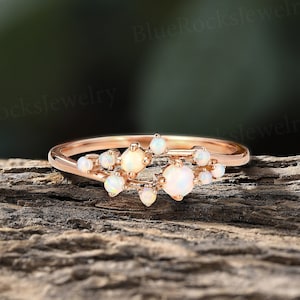 Cluster Vintage Opal Engagement Ring Delicate 14k Rose Gold Wedding Ring Unique Bridal Ring Valentines Day Antique Anniversary Promise Ring