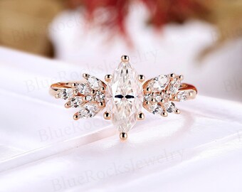 Vintage marquise cut moissanite engagement ring rose gold ring round cut ring delicate cluster ring unique anniversary promise bridal ring