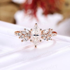 Vintage marquise cut moissanite engagement ring rose gold ring round cut ring delicate cluster ring unique anniversary promise bridal ring