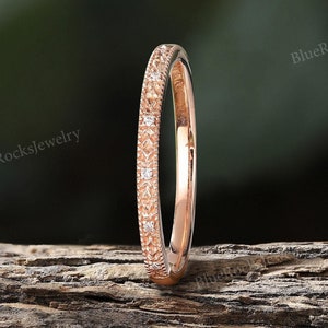 Vintage Diamond Wedding Band,Art Deco Rose Gold Ring,Unique Milgrain Stackable Matching Ring Bridal Antique Band,Anniversary Gift For Her