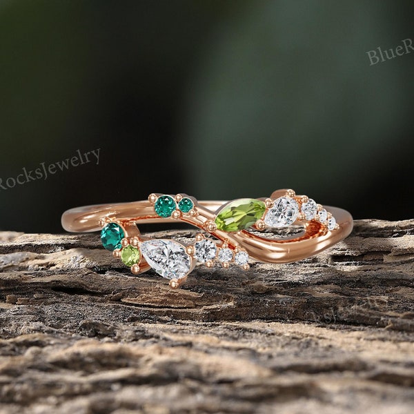Nature-Inspired Peridot Ring,Rose Gold Leaf Wedding Band,Unique Emerald and Moissanite Promise Ring for Women,Handmade Personalized Jewelry