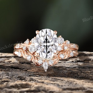 Vintage Oval Moissanite Engagement Ring Set,Rose Gold Bridal Rings,Vine and Leaf Design Ring,Unique Wedding Ring,Anniversary Gift For Women