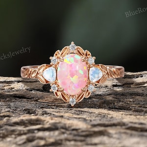 Unique Leaf Opal Engagement Ring,Vintage Oval Cut Rose Gold Ring,Moonstone&Moissanite Accents Ring For Women,Nature-Inspired Promise Ring