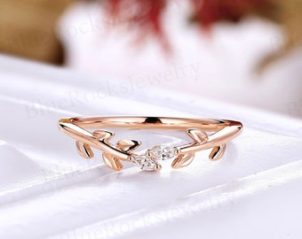 Marquise cut diamond curved wedding band rose gold stacking matching ring unique twig ring delicate leaf band anniversary ring bridal band