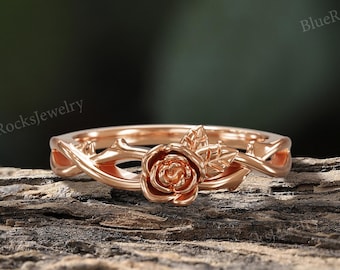Anello con rosa ispirato alla natura, graziose fedi nuziali in oro, anello di promessa per anniversario romantico