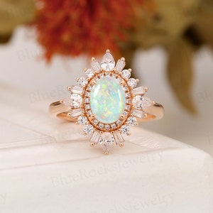Vintage Opal Engagement Ring,Rose Gold Halo Wedding Ring,Bridal Oval Shaped Ring,Baguette & Pear Cz Sunburst Ring,Anniversary Promise Ring