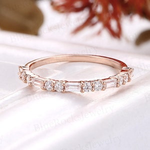 Vintage baguette cz wedding band, Moissanite half eternity band, rose gold band, bridal band, stacking matching band, anniversary band
