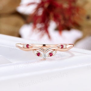 Unique ruby curved wedding band rose gold round cut natural diamond ring vintage matching band bridal stacking anniversary promise ring