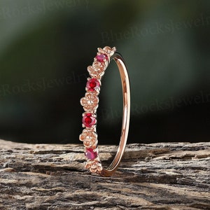 Vintage Flower Wedding Band Ruby Ring Nature Inspired Rose Gold Plated Ring Dainty Silver Ring Anniversary Gifts Handmade Jewelry