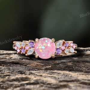 Einzigartiger Rundschliff Rosa Opal Verlobungsring, Vintage Rose Gold Blatt Ring, Marquise Moissanit Ring, Amethyst Ring, Natur Inspiriert Ring Geschenk