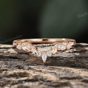 Leaf Curved Wedding Band,Nature Inspired Rose Gold Ring,Moissanite Matching Wedding Ring,Minimalist Jewelry Promise Ring For Women Gift