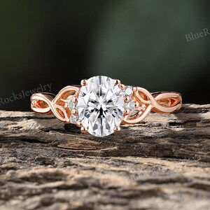 Vintage Moissanite Engagement Ring,Rose Gold Oval Cut Ring,Celtic Style Ring,Round Cut Diamond Ring,Unique Anniversary Promise Bridal Ring