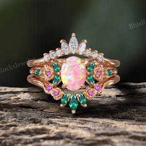 Unique Pink Opal Engagement Ring Set,Nature Inspired Leaf Design Ring,Rose Gold Floral Wedding Rings Set,Vintage Bridal Set,Anniversary Ring