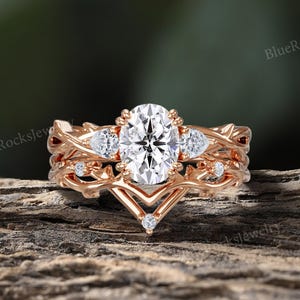 Nature Inspired Moissanite Engagement Ring Set,Nature Inspired Wedding Ring,Rose Gold Twig Ring,Unique Bridal Ring Set For Her,Promise Ring