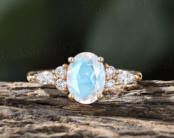 Vintage Oval Moonstone Engagement Ring Art Deco 14K/18K Rose Gold Moissanite Promise Ring Delicate Valentines Day Anniversary Ring Vday Sale