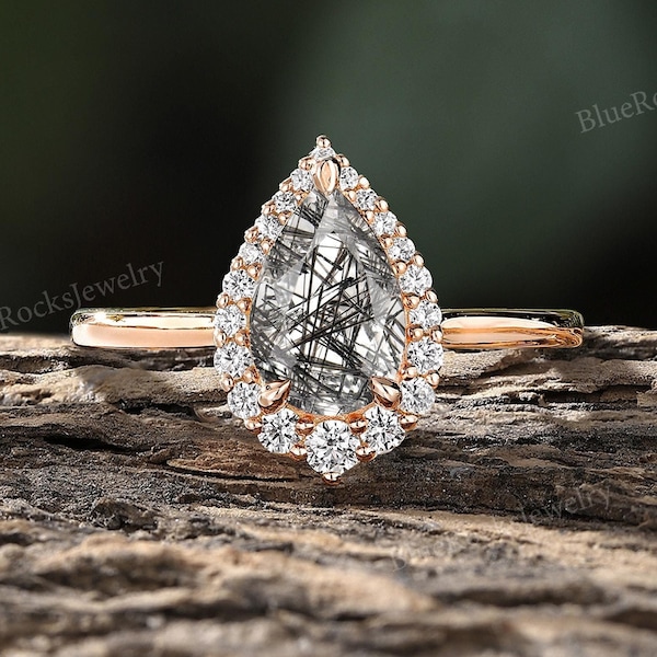 Vintage zwarte rutielkwarts verlovingsring, art deco peervormige roségouden ring, halo moissaniet ring, antieke handgemaakte ring voor vrouwen