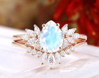 Blue Moonstone engagement ring set Rose gold ring Marquise cut moissanite diamond ring Curved band Cluster ring Promise bridal set