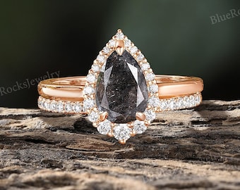 Anillo de compromiso vintage de 18 quilates con diamantes en color sal y pimienta, anillo de boda con diamantes estilo art déco, anillo nupcial en forma de pera, anillo de oro rosa para mujer.
