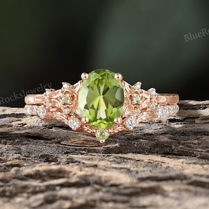 Vintage Floral Peridot Engagement Ring,Rose Gold Nature Inspired Leaf Wedding Ring Set,Unique Bridal Set,Anniversary Promise Ring For Women
