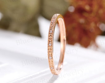 Vintage Diamant Ehering, Art-Deco-Roségold-Ring, einzigartiges Milgrain-Band, Stapeln passender antiker Brautring, Jahrestags-Bandring